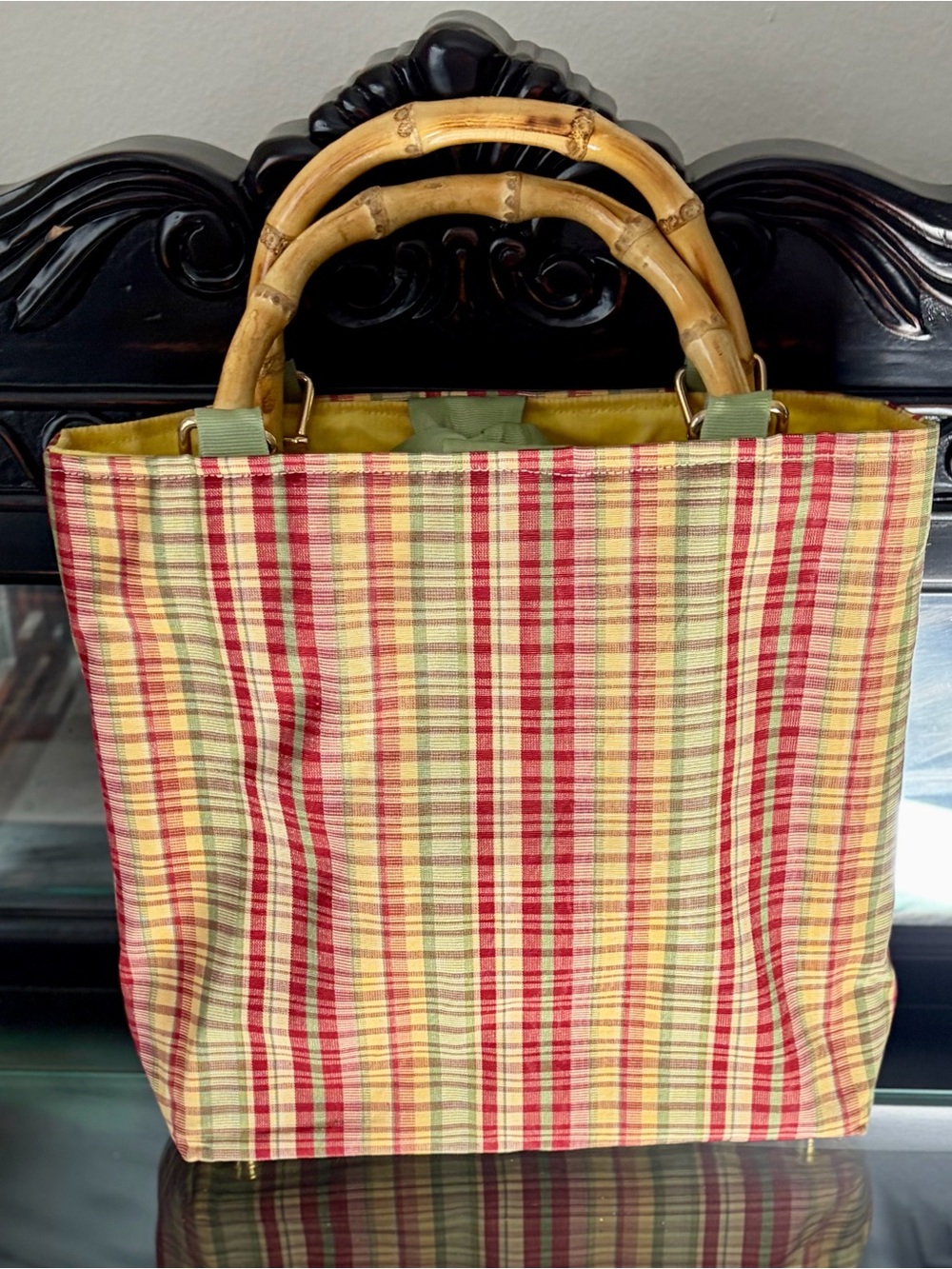 Plaid Straw Tote Bag with Bamboo Handles in Red & Green - Picture 7 of 11